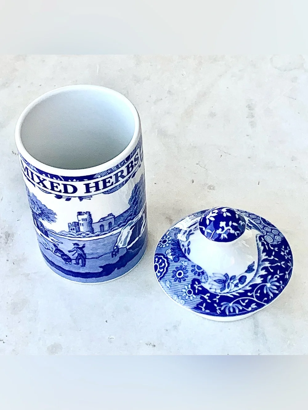 SPODE BLUE ITALIAN  Blue and White 'Mixed Herbs' Ceramic Spice Jar with Lid 4IN